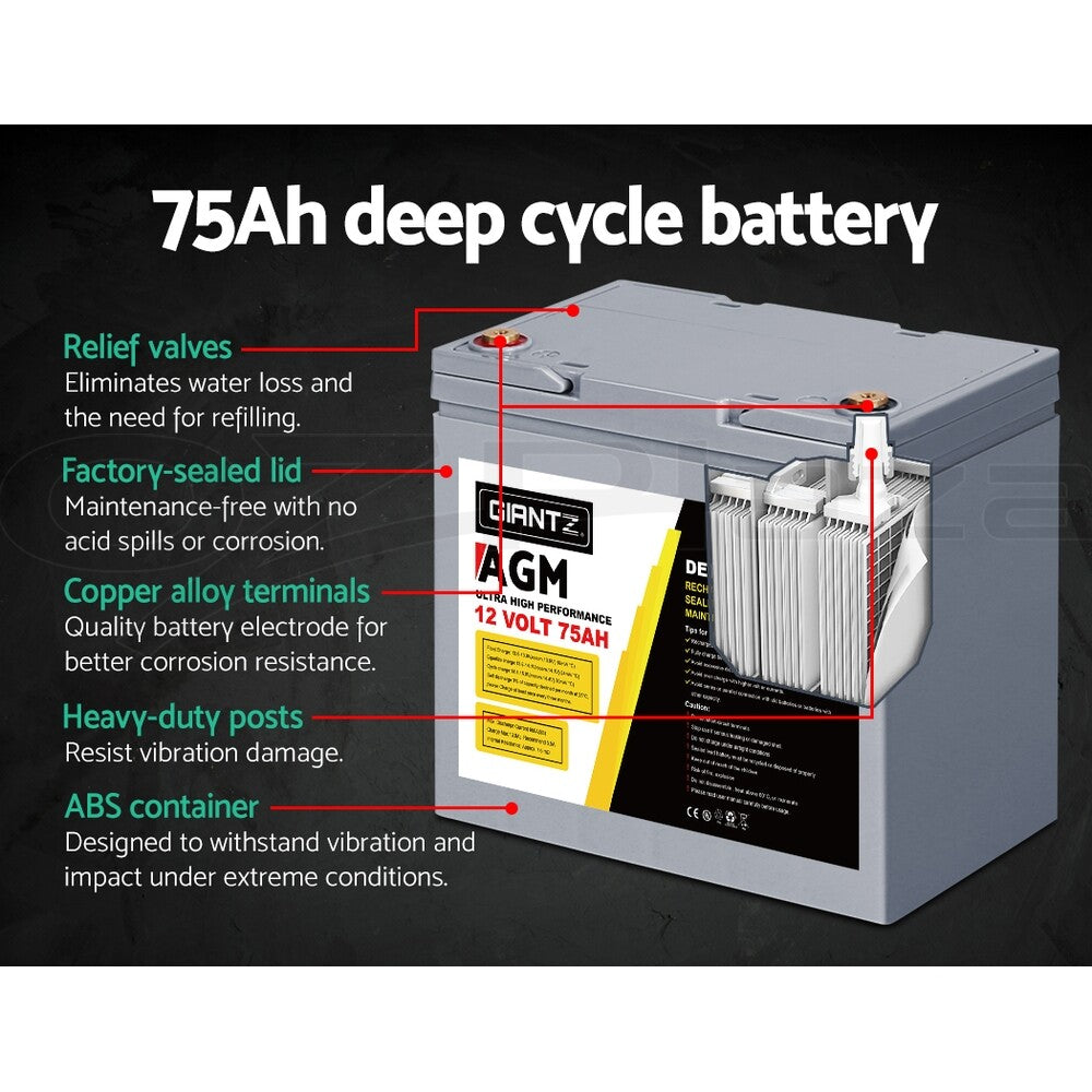 12V 75Ah AGM Deep Cycle Battery Marine Sealed Solar