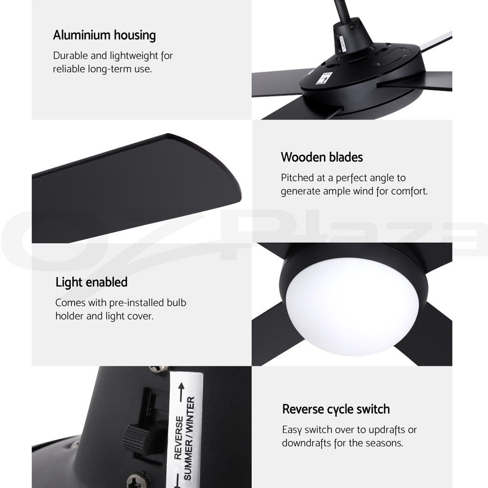 52'' DC Ceiling Fan 4 Blades LED Light Remote Timer Black