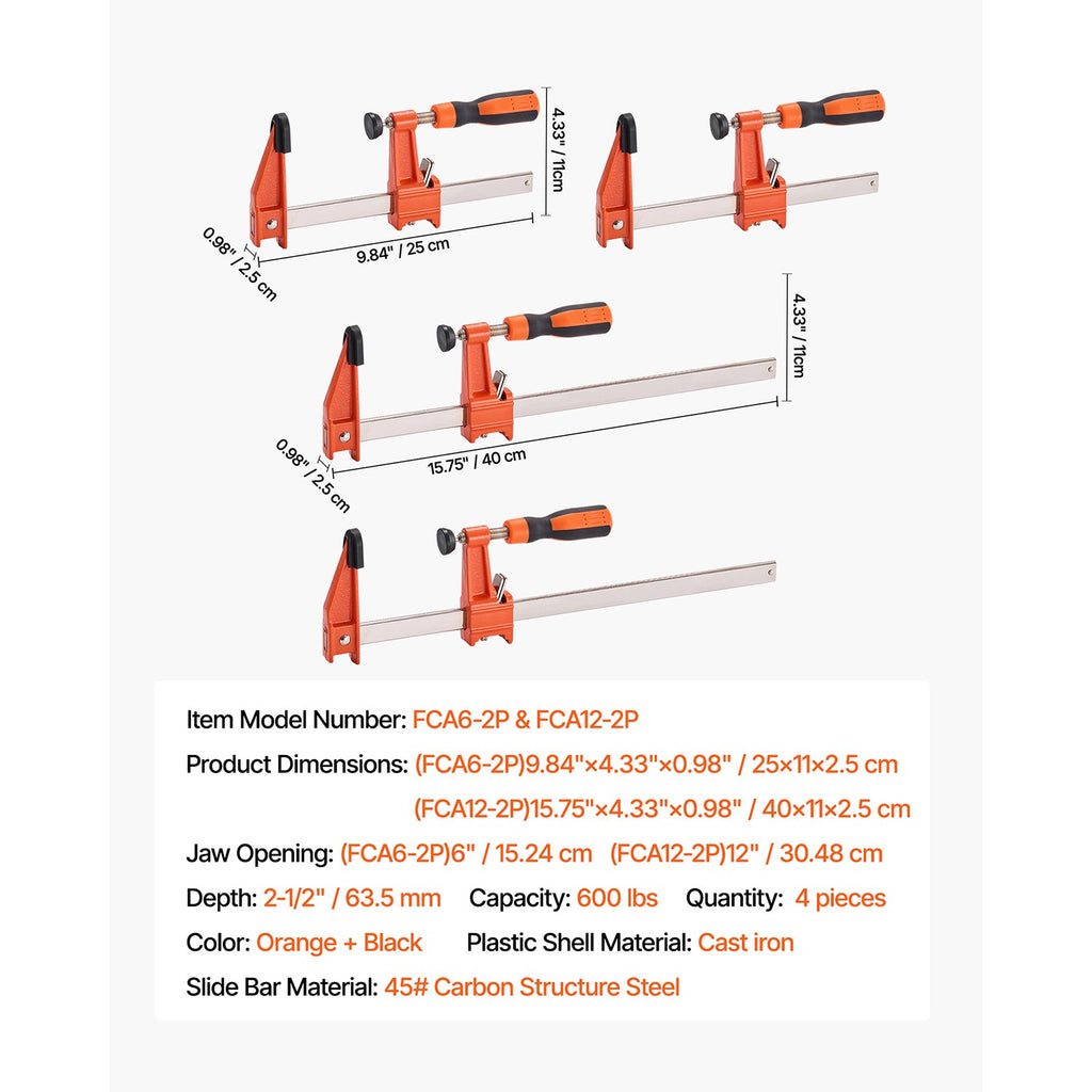 Uimoso Woodworking Bar Clamps 2-Pack 15.24cm & 30.48cm Lockable F Clamp Set