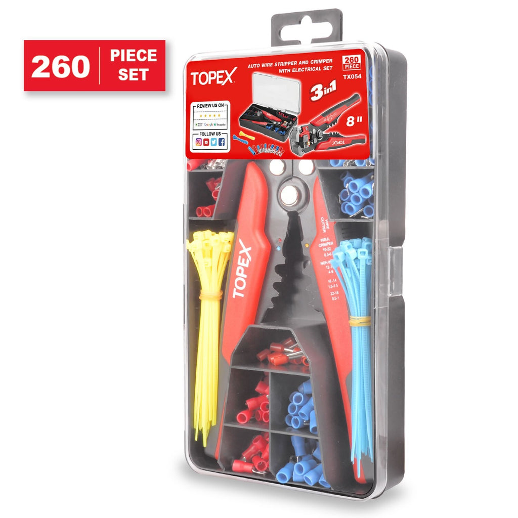 260pc Wire Stripper & Crimper Set – Self-Adjustable Pliers & Terminals
