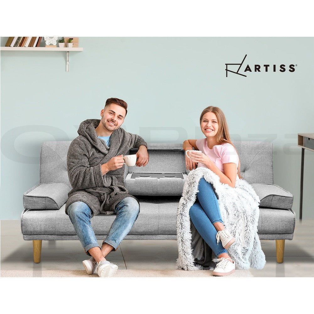 3 Seater Sofa Bed Futon Lounge Fabric Cup Holder Grey