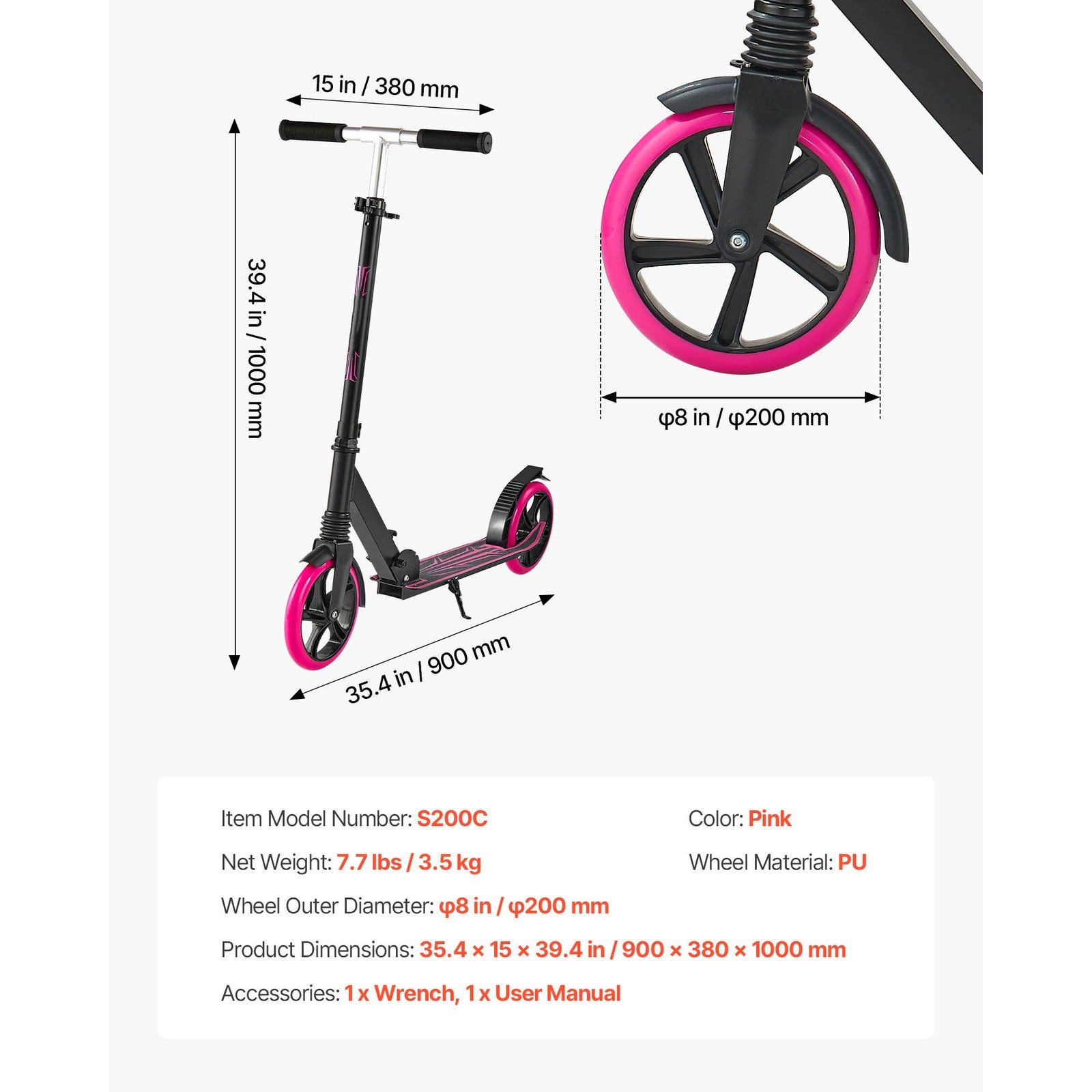 Uimoso Foldable Kick Scooter for Kids 8+, Teens, Adjustable Height, Pink