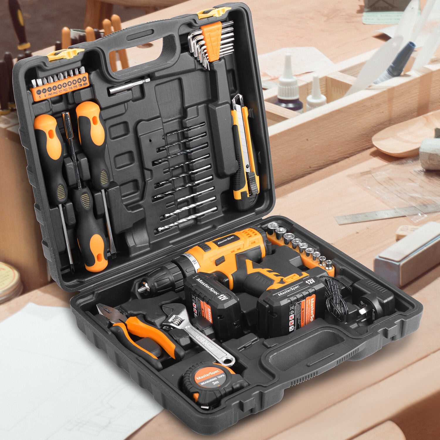 47pc 12V Cordless Drill Driver Set – Household Hand Tool Kit with 2 Batteries