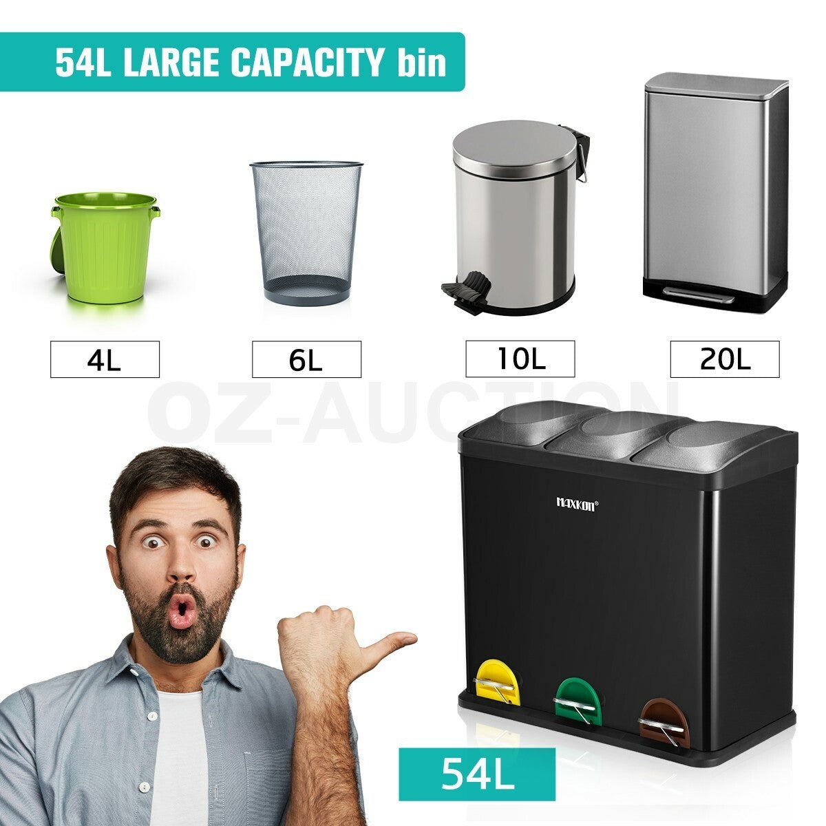 Maxkon 54L Pedal Rubbish Bin Triple Compartment Waste Can Black