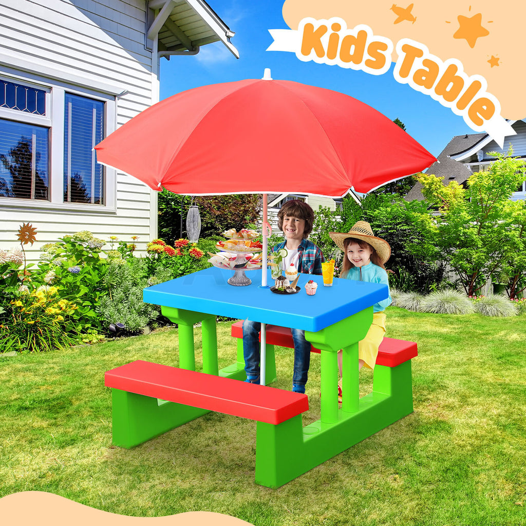 Multi-Color Kids Picnic Table – Outdoor/Indoor Bench & Umbrella Set