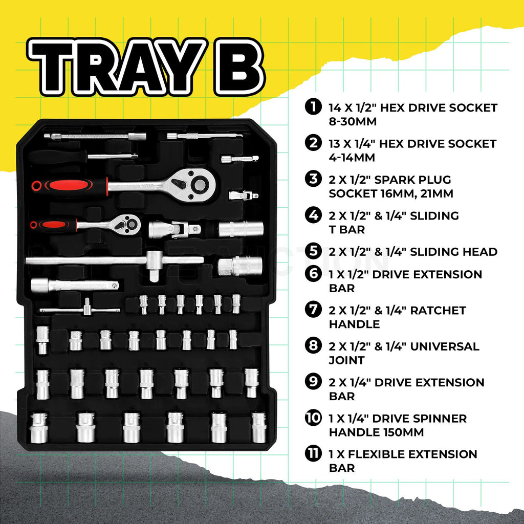 185-Piece Tool Box Trolley Set – DIY Home Car Repair, Aluminum Case