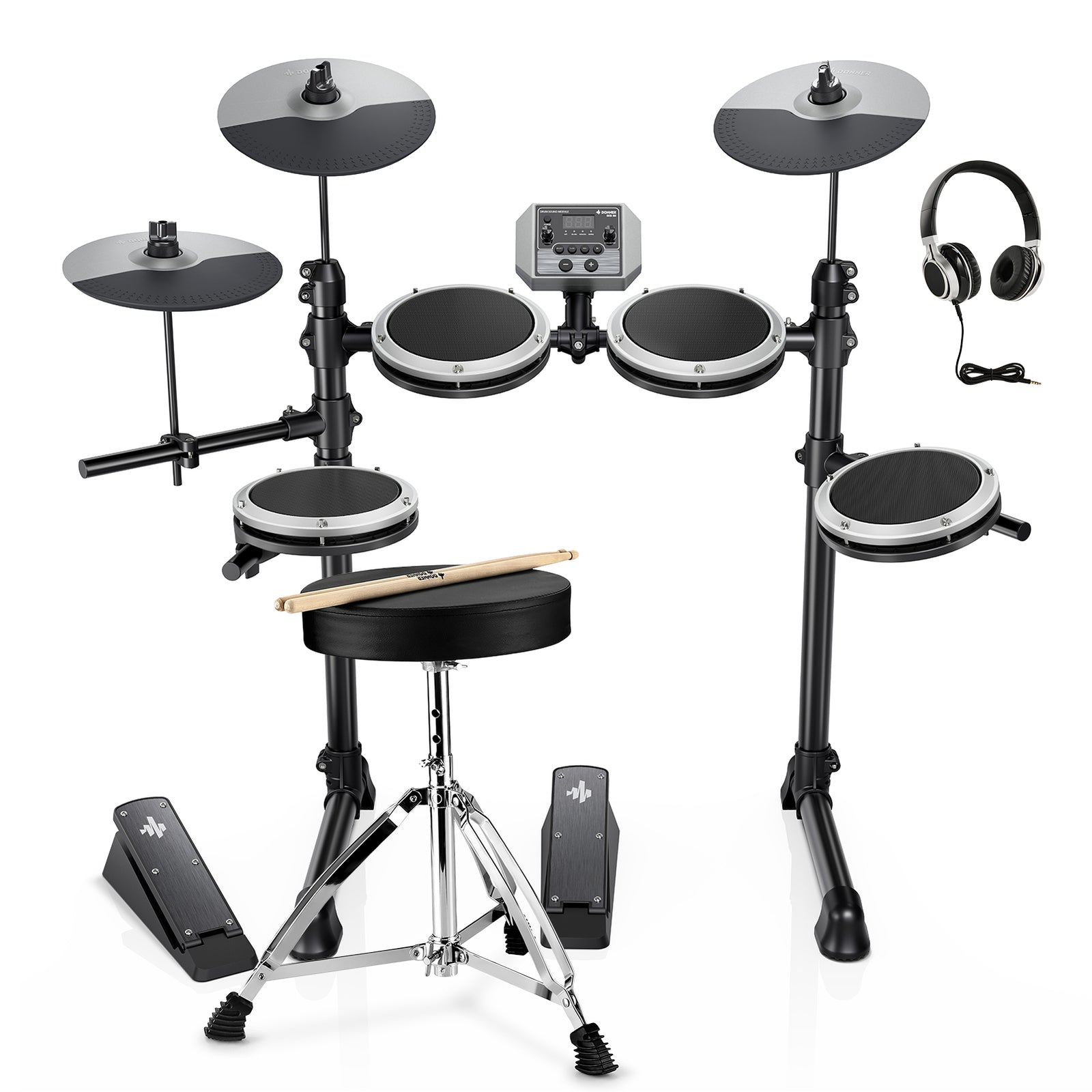 Donner DED-80 Electric Drum Set 4 Mesh Pads 2 Pedals 180 Sounds Grey