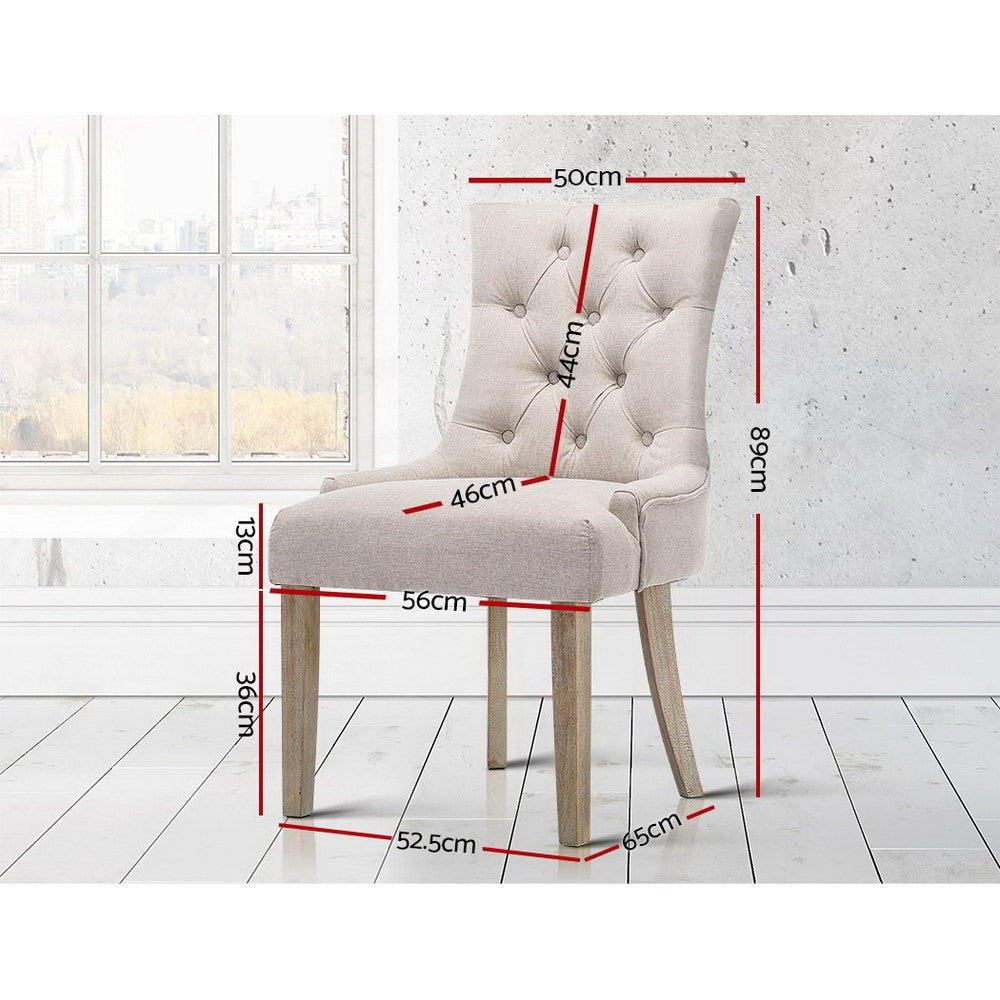 2x Dining Chairs French Provincial Linen Button Tufted Beige
