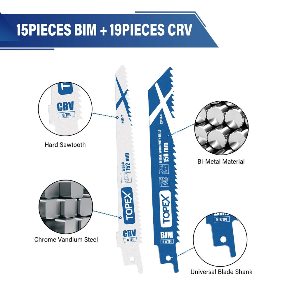 34pc Reciprocating Saw Blades – 5-8 TPI for Metal & Wood