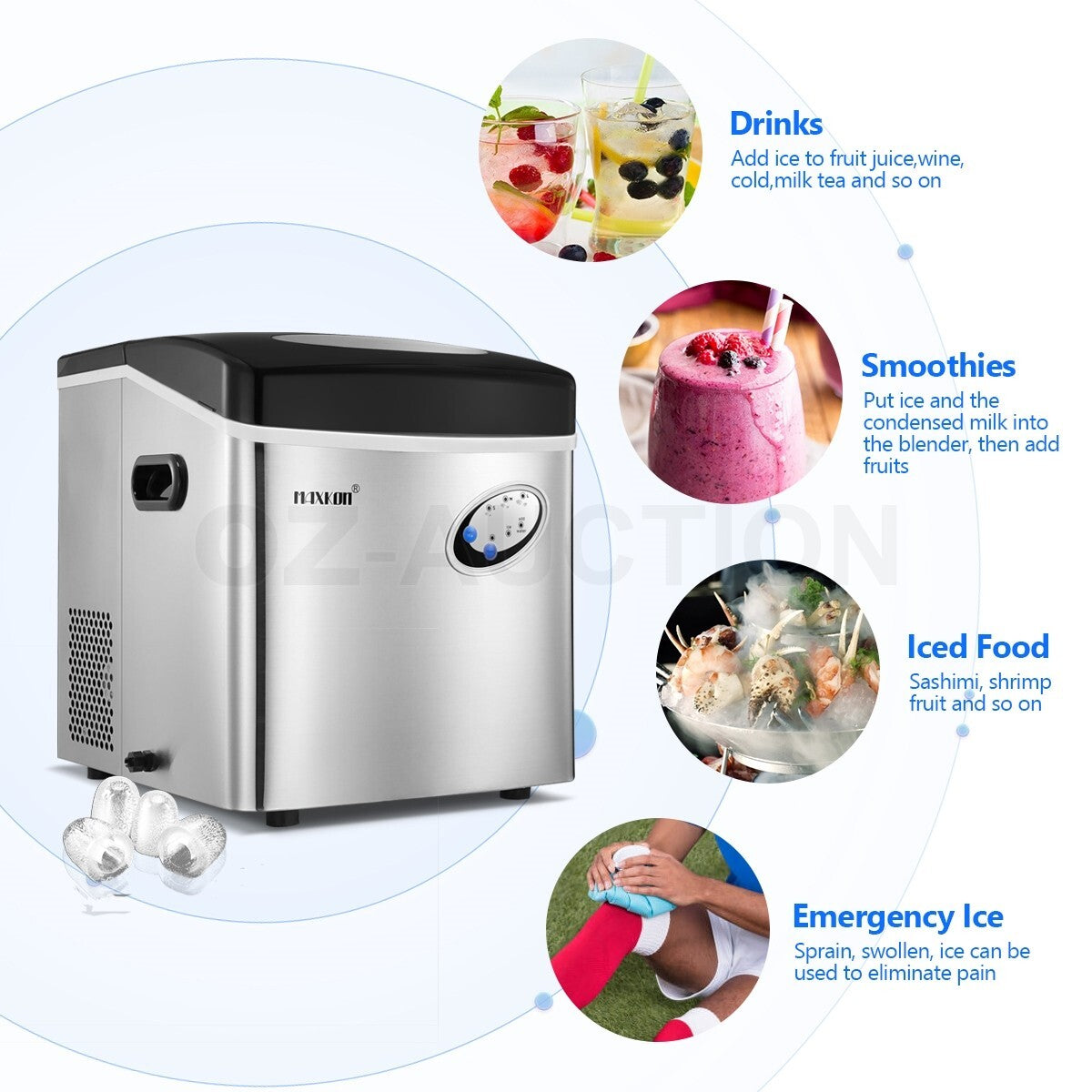 Maxkon 27KG Commercial Ice Maker – Fast Freezing Silver Machine