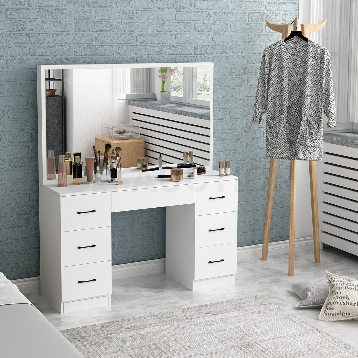 Large Dressing Table with Mirror – Modern Makeup Vanity, White