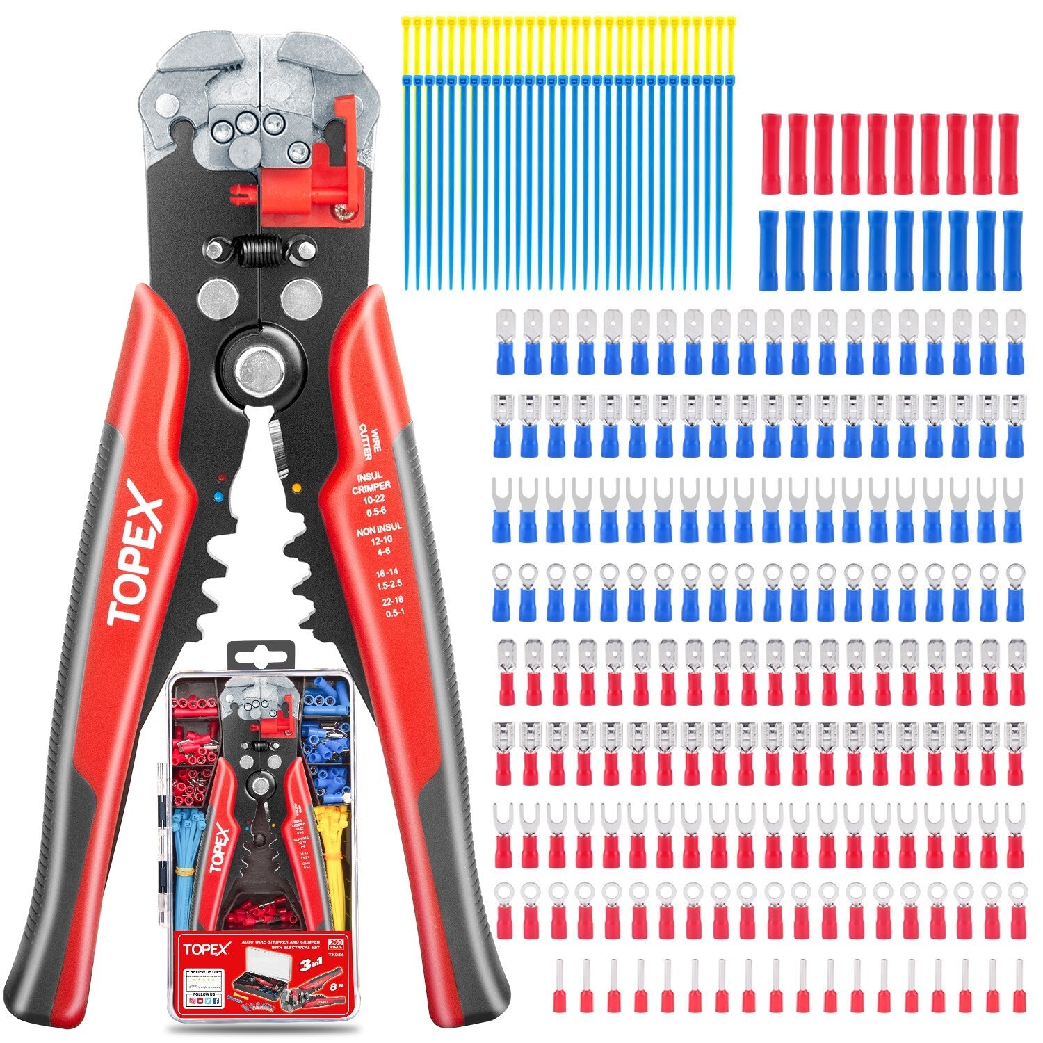 260pc Wire Stripper & Crimper Set – Self-Adjustable Pliers & Terminals