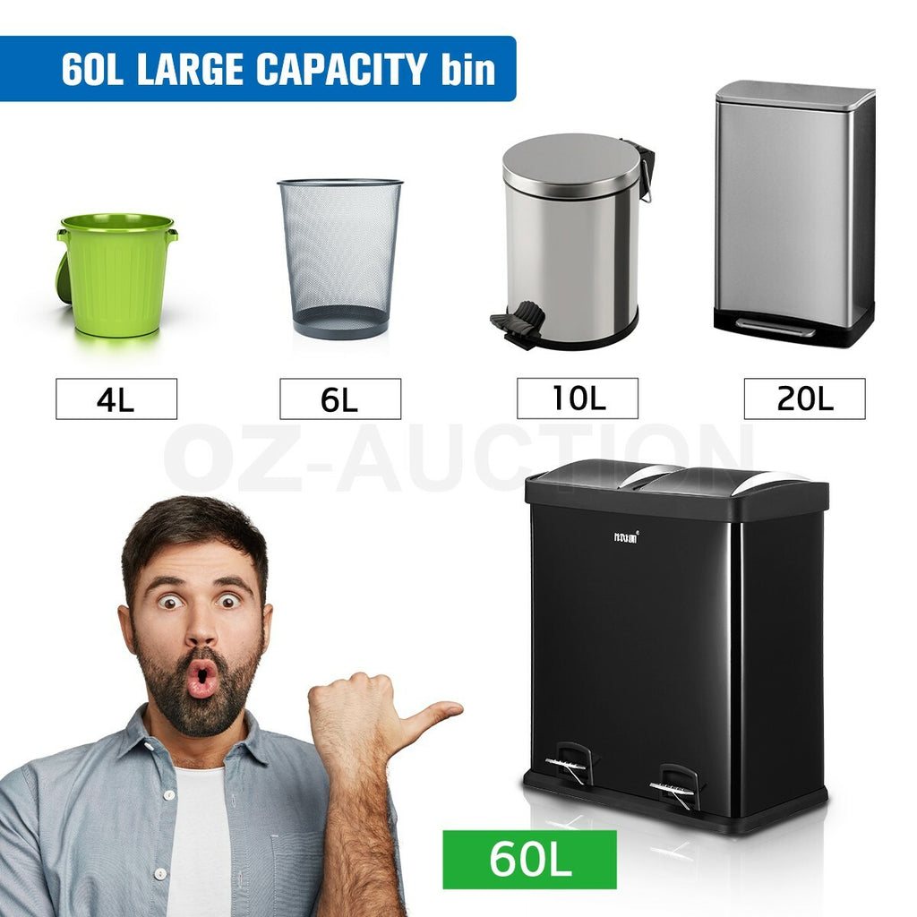 60L Maxkon Pedal Bin – Dual Compartment Rubbish & Recycling Can