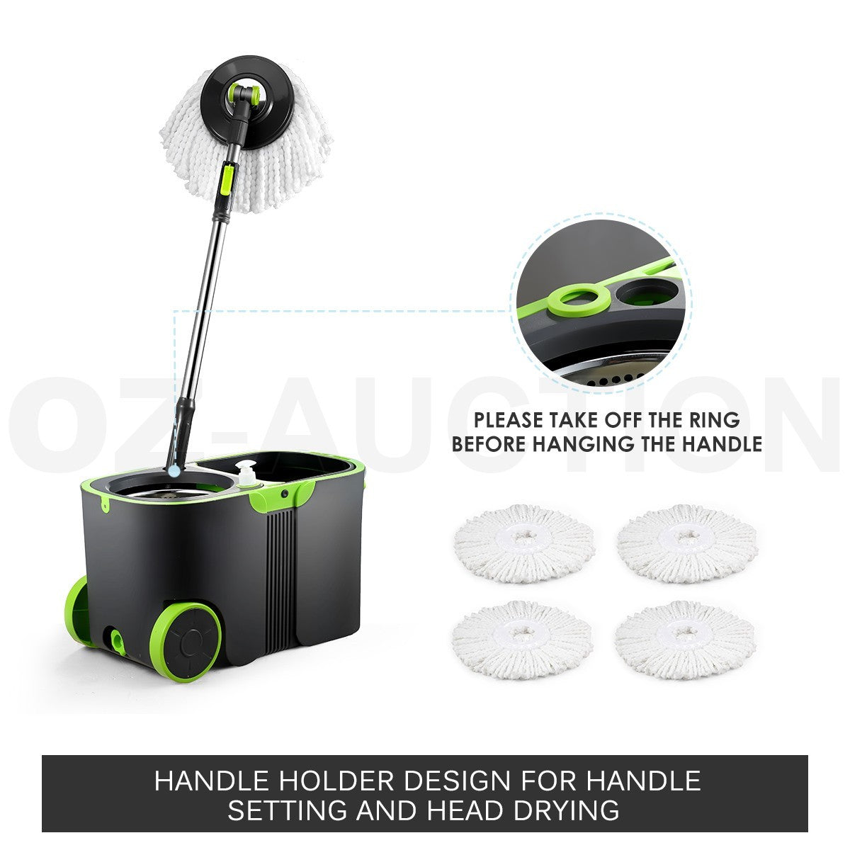 360° Spin Mop Set – Rotating Bucket with Wheels & 4 Microfiber Heads