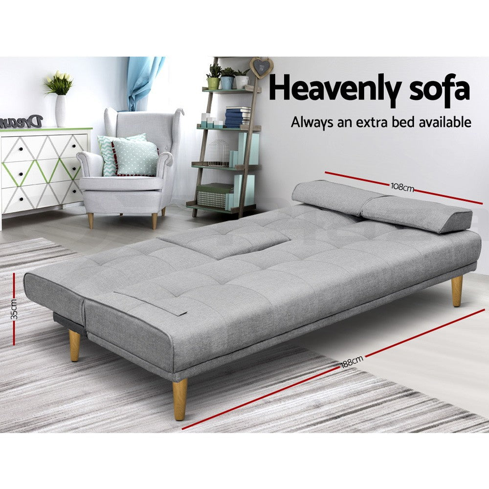 3 Seater Sofa Bed Futon Lounge Fabric Cup Holder Grey