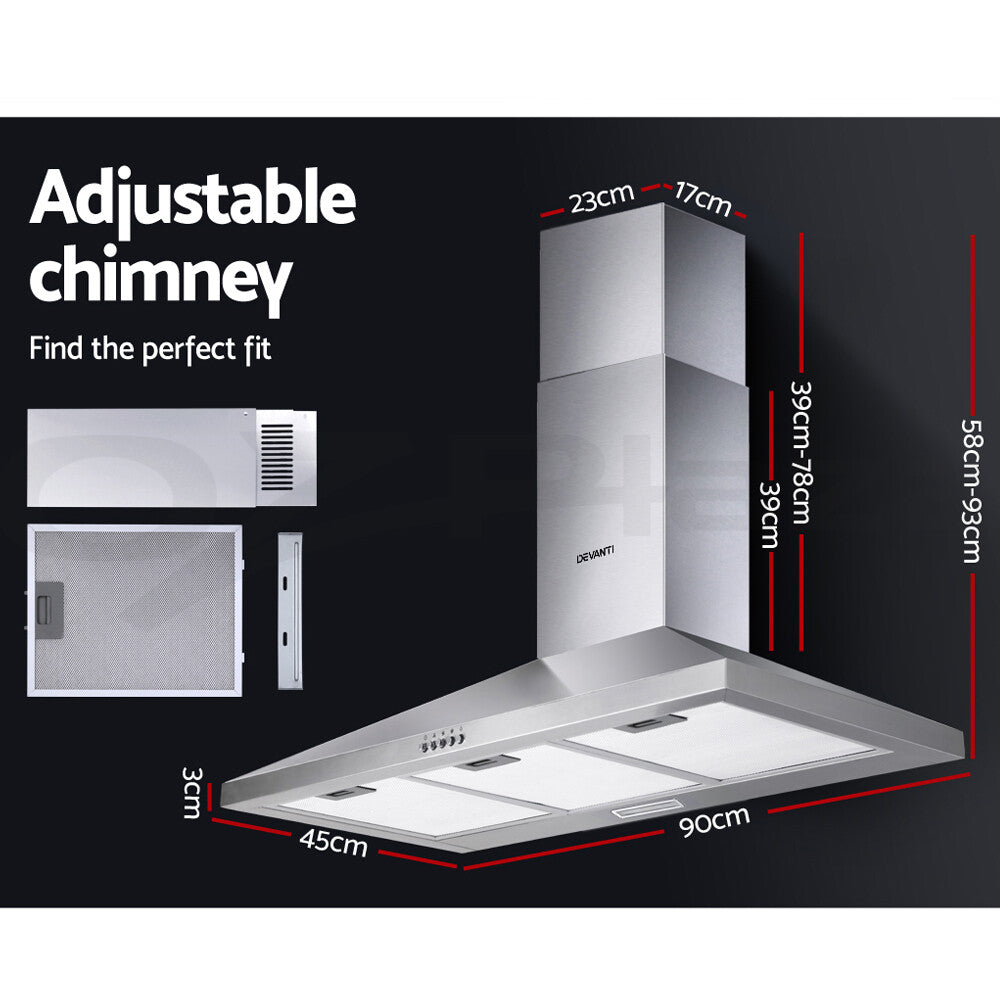 90cm Kitchen Rangehood Canopy LED Stainless Steel