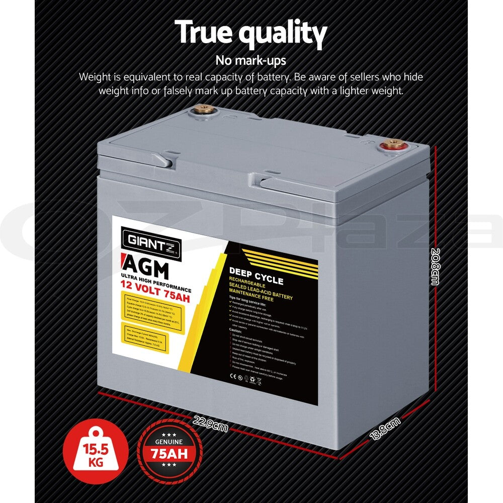 12V 75Ah AGM Deep Cycle Battery Marine Sealed Solar