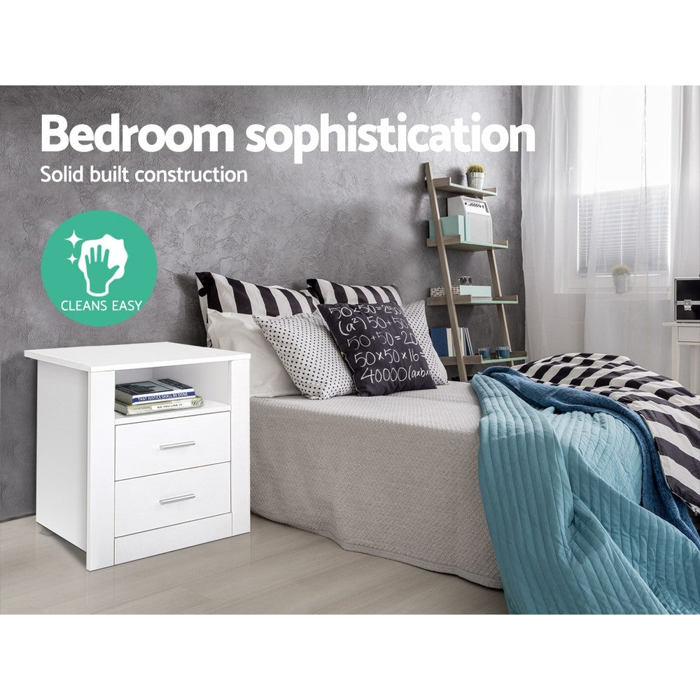 Bedside Table 2 Drawer Nightstand Shelf White