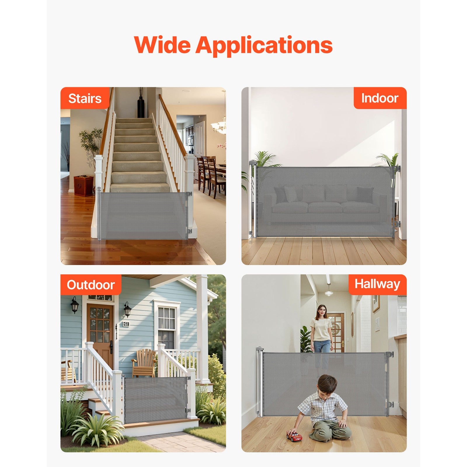 Uimoso Retractable Mesh Gate for Pets and Babies, 1430 mm W, 795 mm Tall, Gray