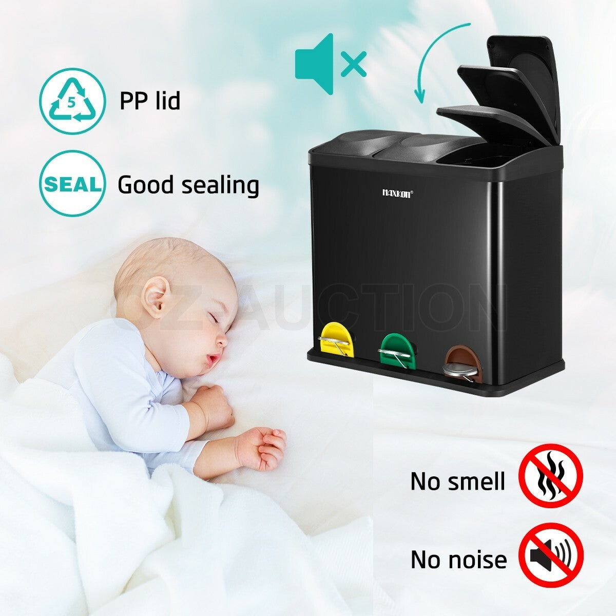 Maxkon 54L Pedal Rubbish Bin Triple Compartment Waste Can Black