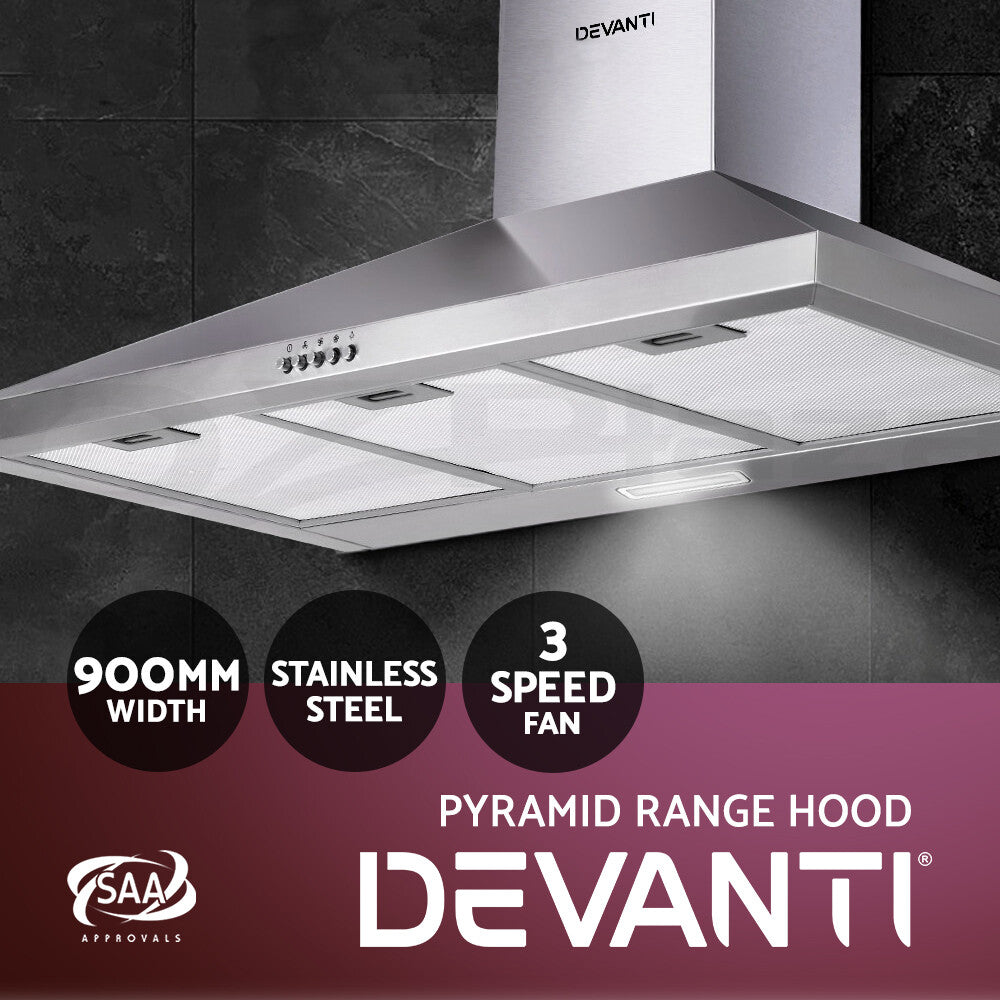 90cm Kitchen Rangehood Canopy LED Stainless Steel
