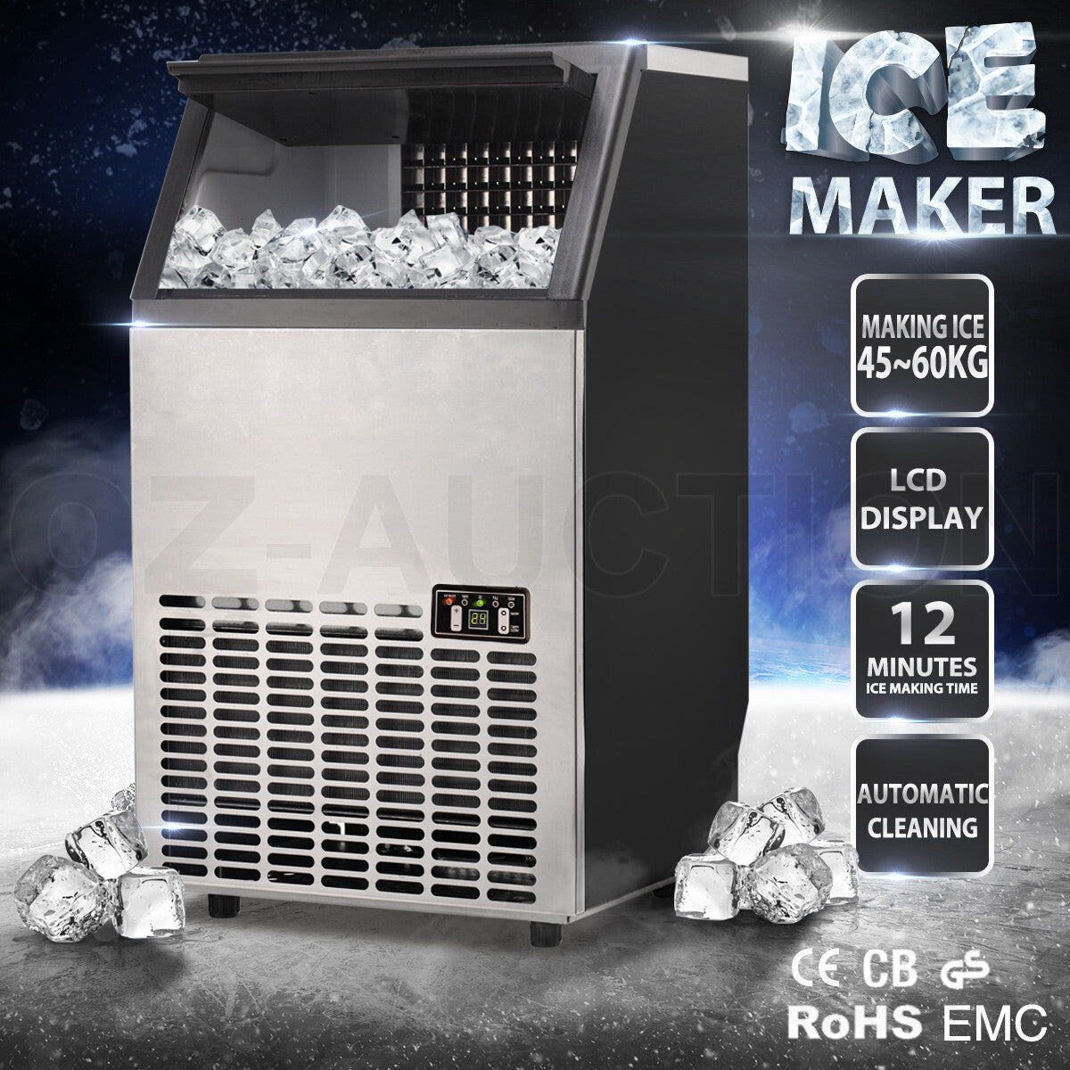 Maxkon Portable Ice Maker Machine Commercial 45–60KG/Day Auto Ice Maker