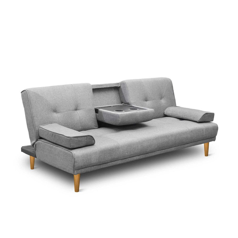 3 Seater Sofa Bed Futon Lounge Fabric Cup Holder Grey