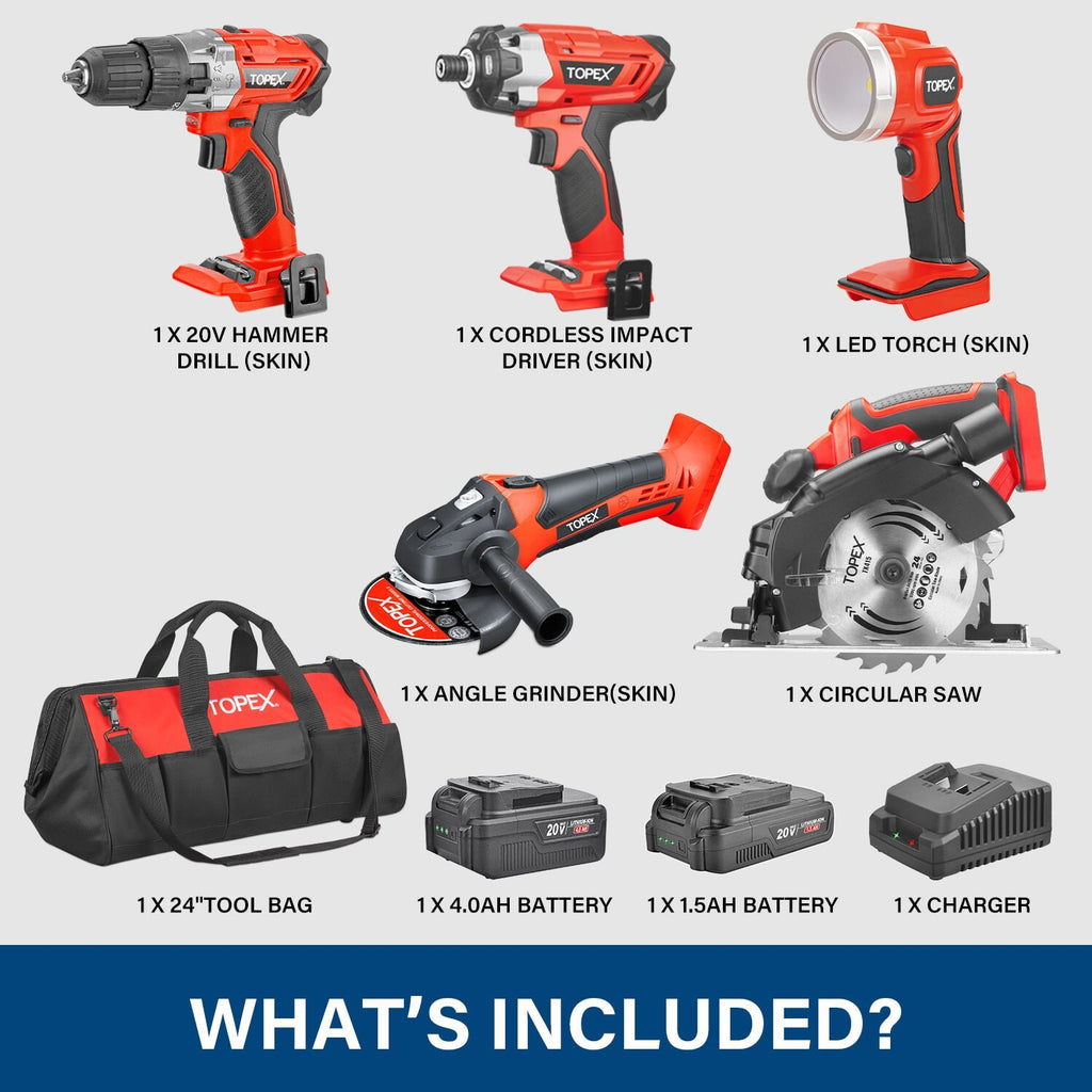 20V Cordless Drill & Impact Driver Kit – Grinder, Saw & LED Torch