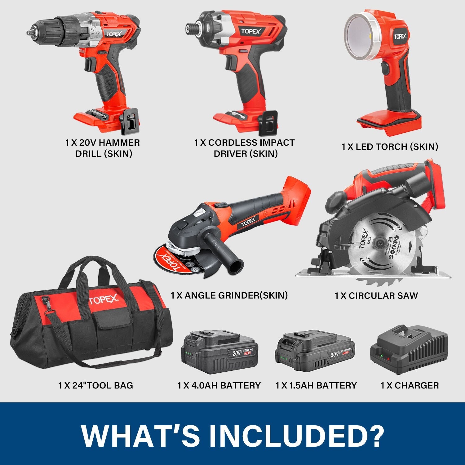 20V Cordless Drill & Impact Driver Kit – Grinder, Saw & LED Torch