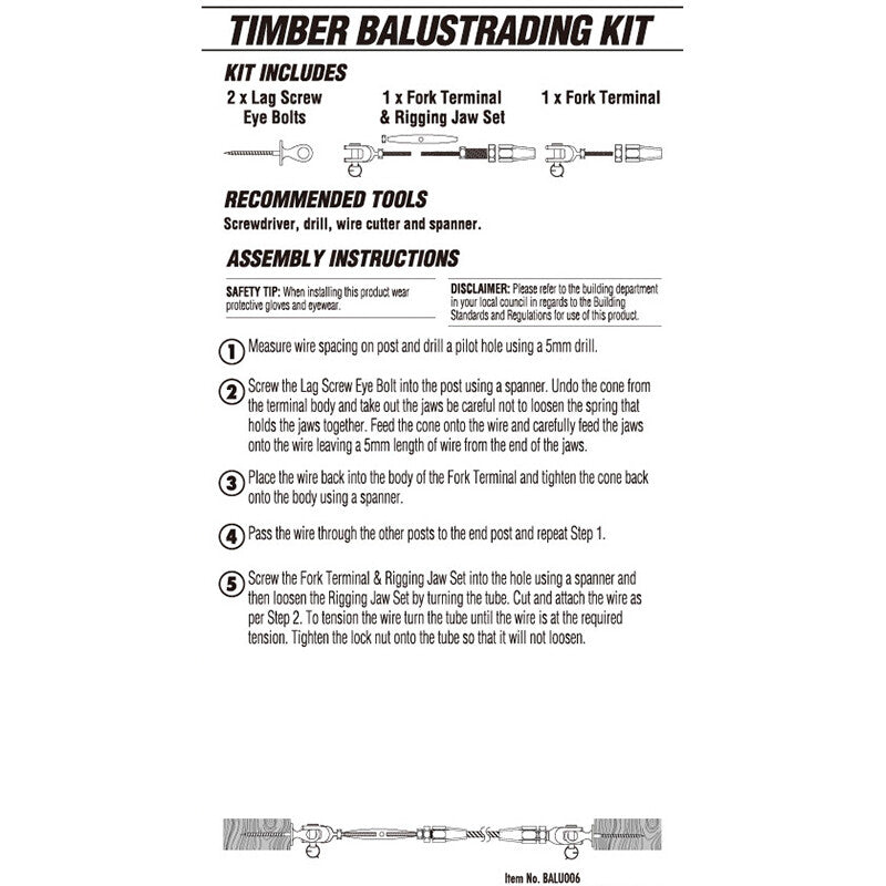 Stainless Steel Swageless Lag Screw Terminal Balustrade System 3–3.2mm