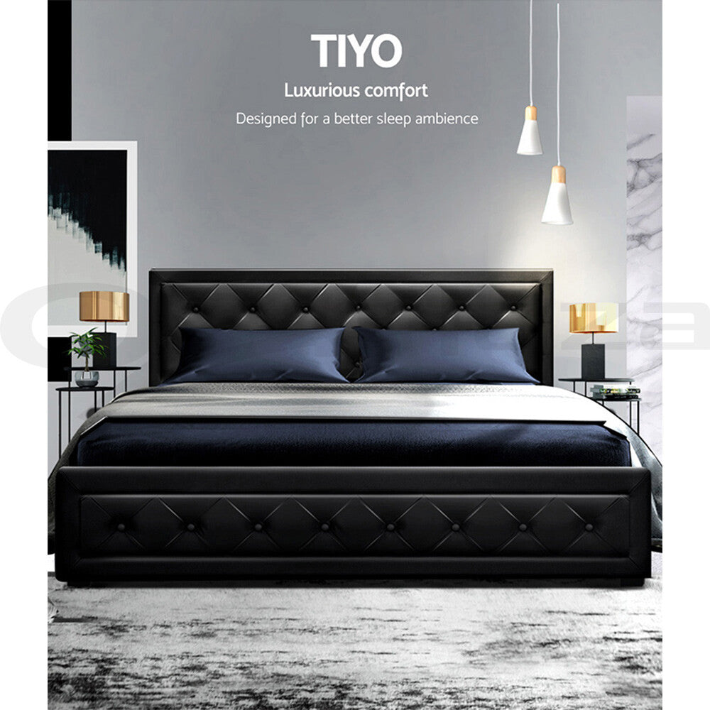 King Size Bed Frame Gas Lift Storage Wooden Black