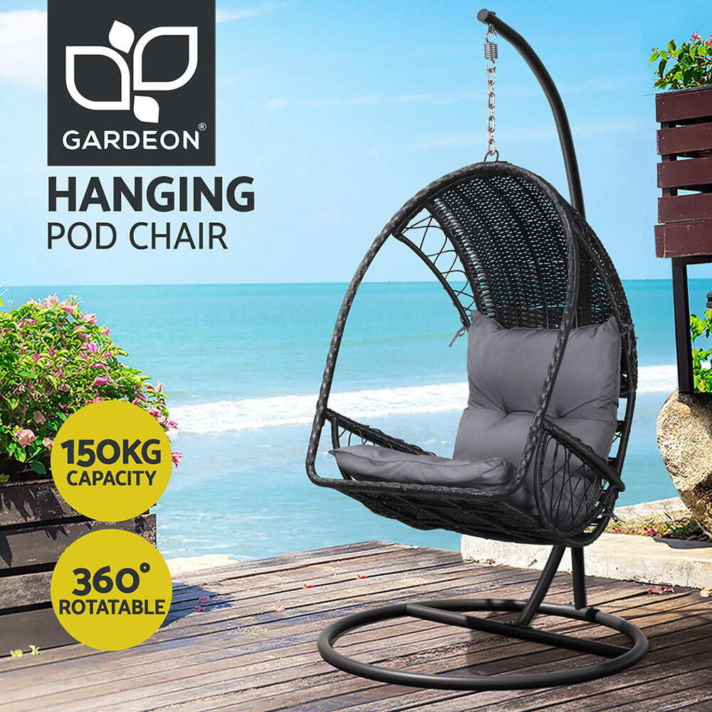 Outdoor Wicker Egg Swing Chair Pod Stand Armrest Black