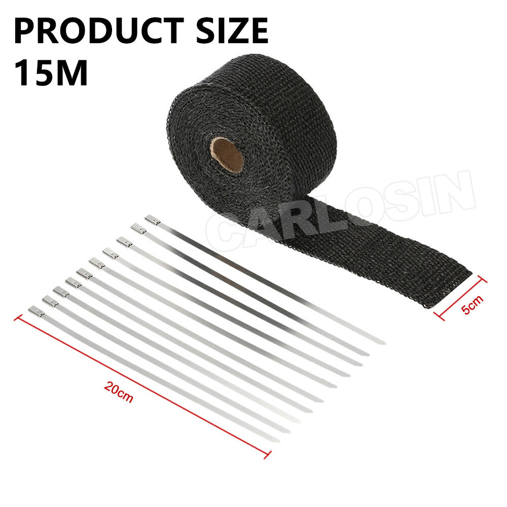 Exhaust Wrap Heat Resistant Black 15M x 50mm 2000°F with Steel Ties