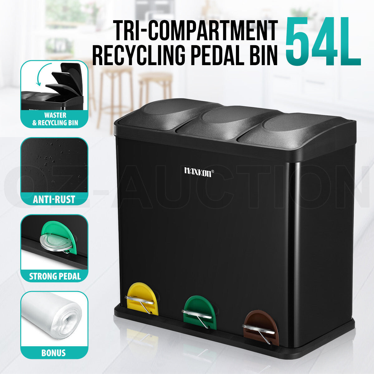 Maxkon 54L Pedal Rubbish Bin Triple Compartment Waste Can Black
