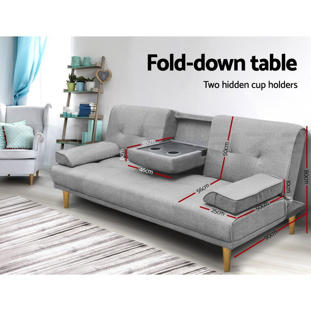3 Seater Sofa Bed Futon Lounge Fabric Cup Holder Grey