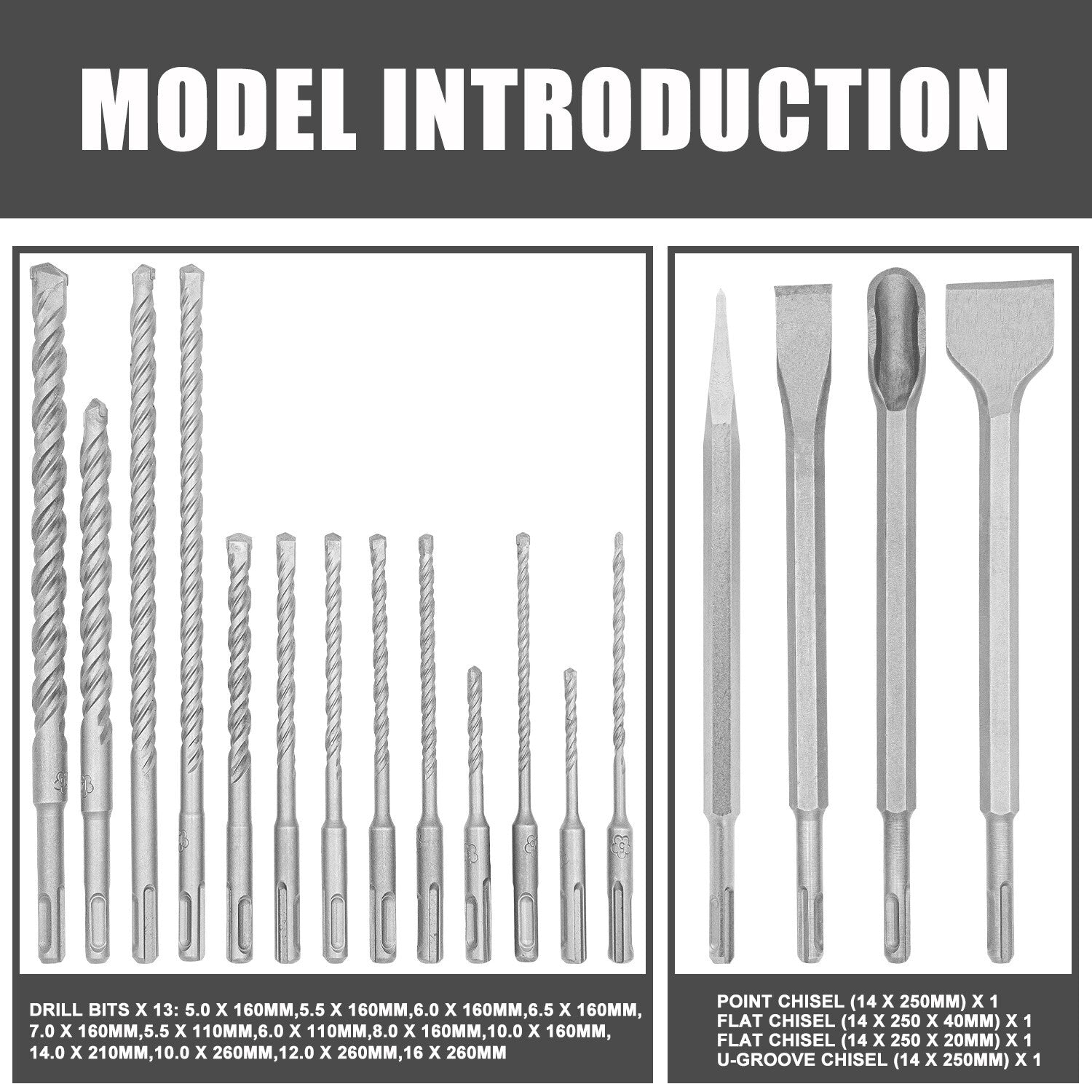 7pc SDS Plus Rotary Hammer Drill Bit & Chisel Set