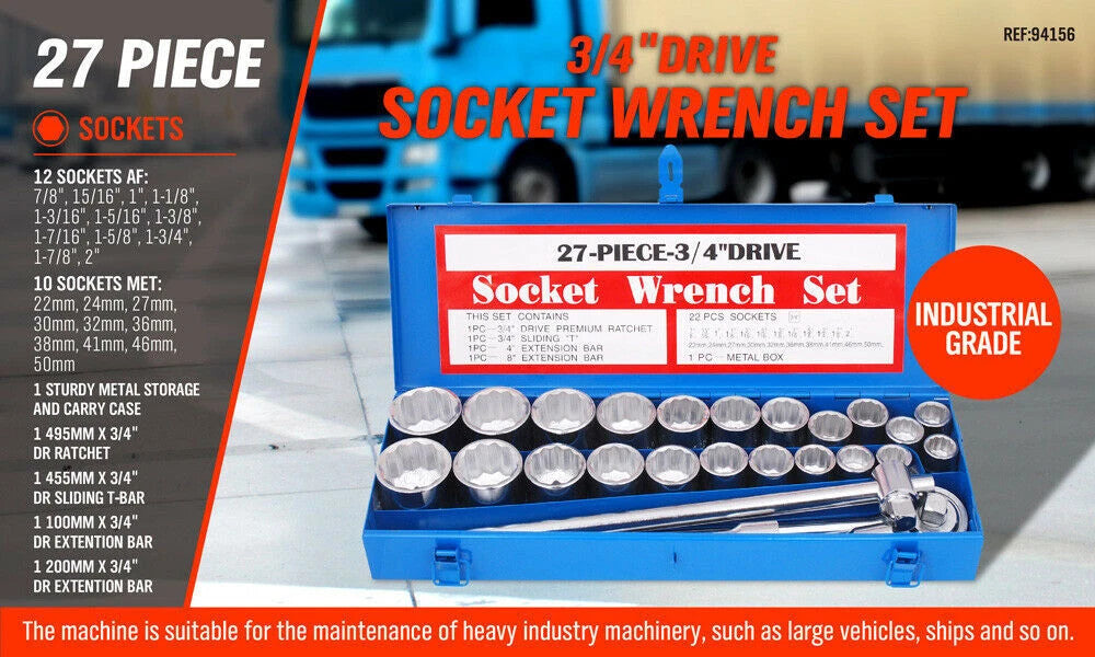 27pc Heavy Duty Socket Wrench Set – 3/4" Drive Metric & Imperial