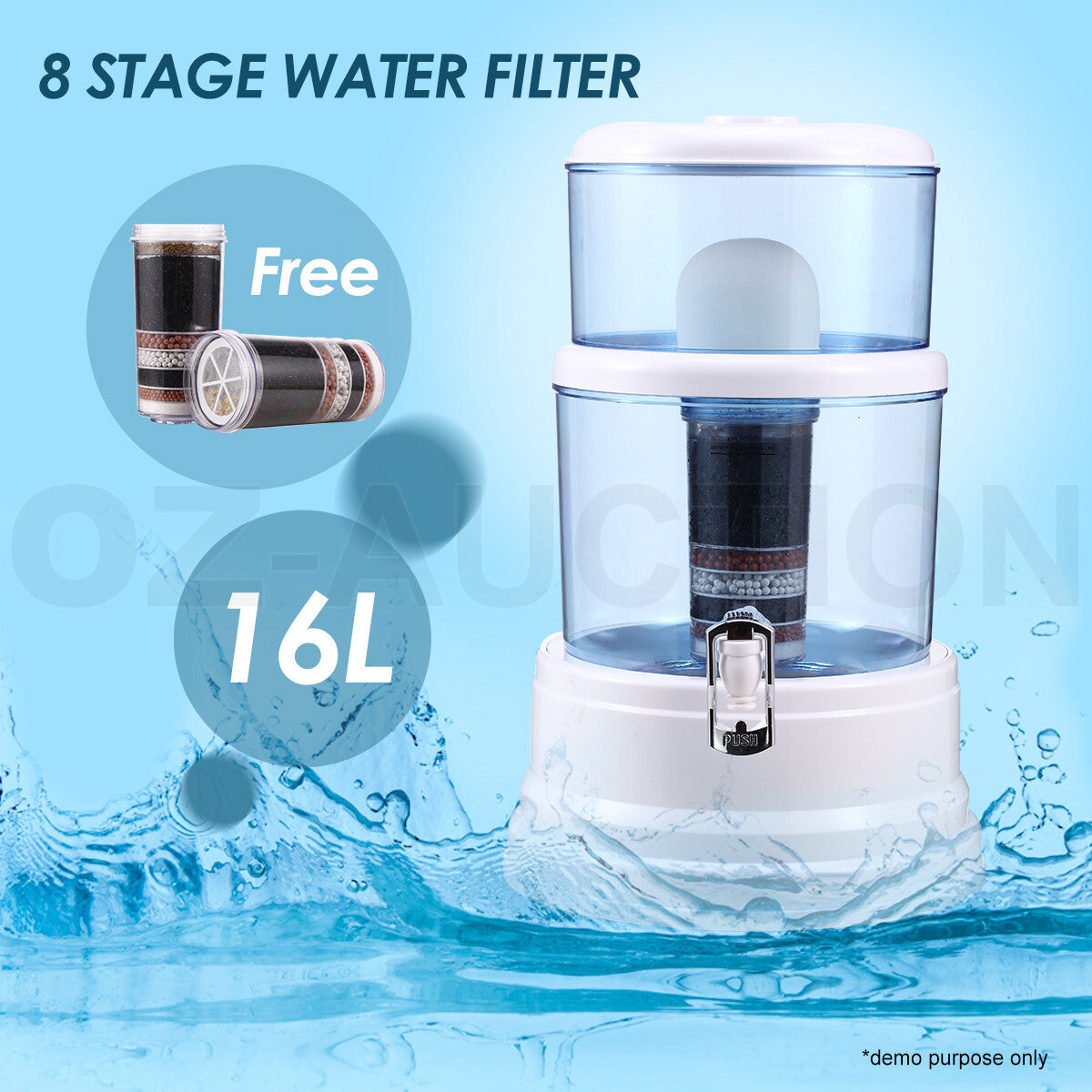 16L Water Filter Dispenser – Carbon Stone Purifier with 2 Fluoride Filters
