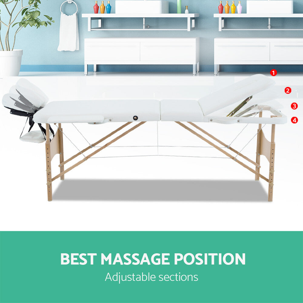 Portable Massage Table 70cm 3 Fold Wooden Therapy Bed White