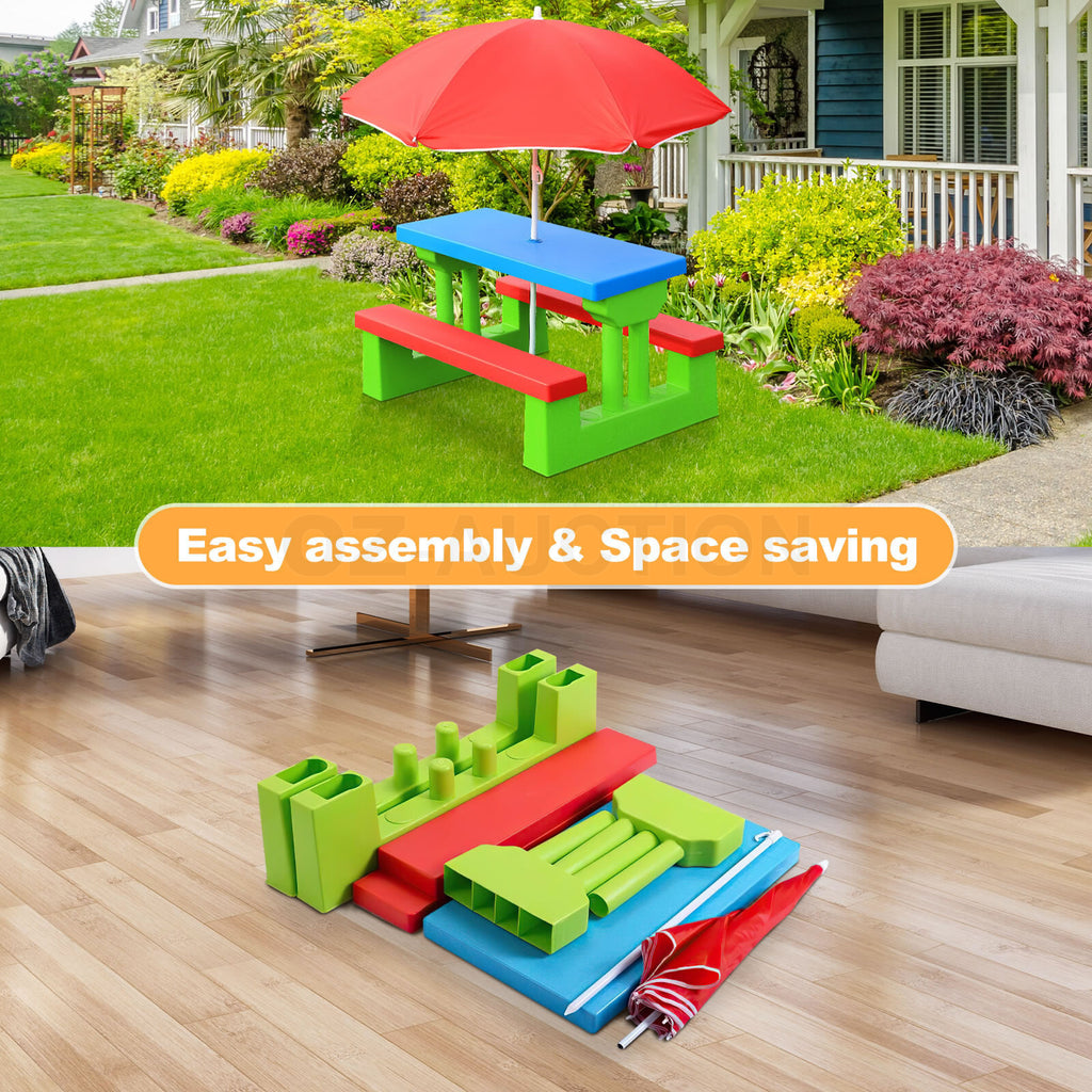 Multi-Color Kids Picnic Table – Outdoor/Indoor Bench & Umbrella Set