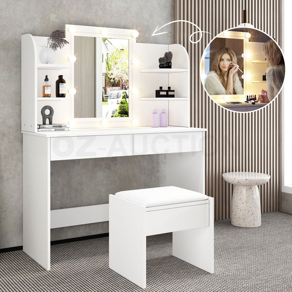 Dressing Table Makeup Mirror with Stool Drawer & Light Bulbs