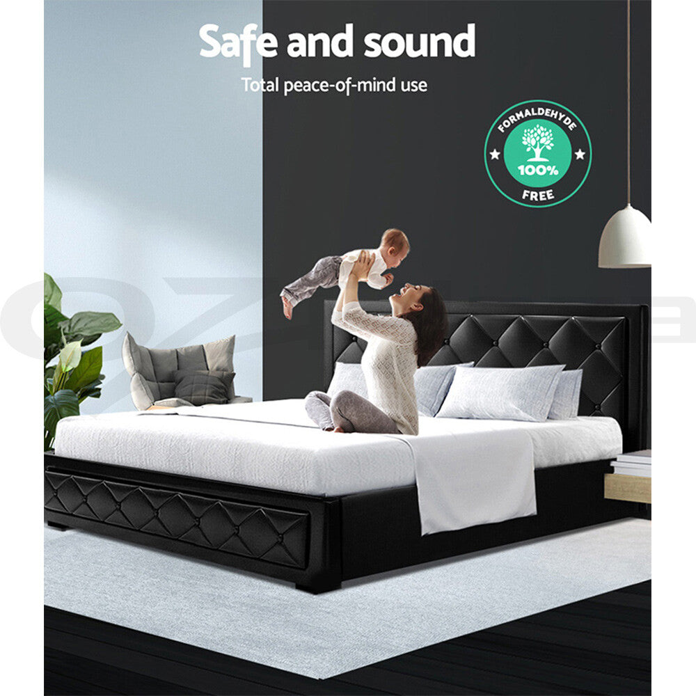 King Size Bed Frame Gas Lift Storage Wooden Black