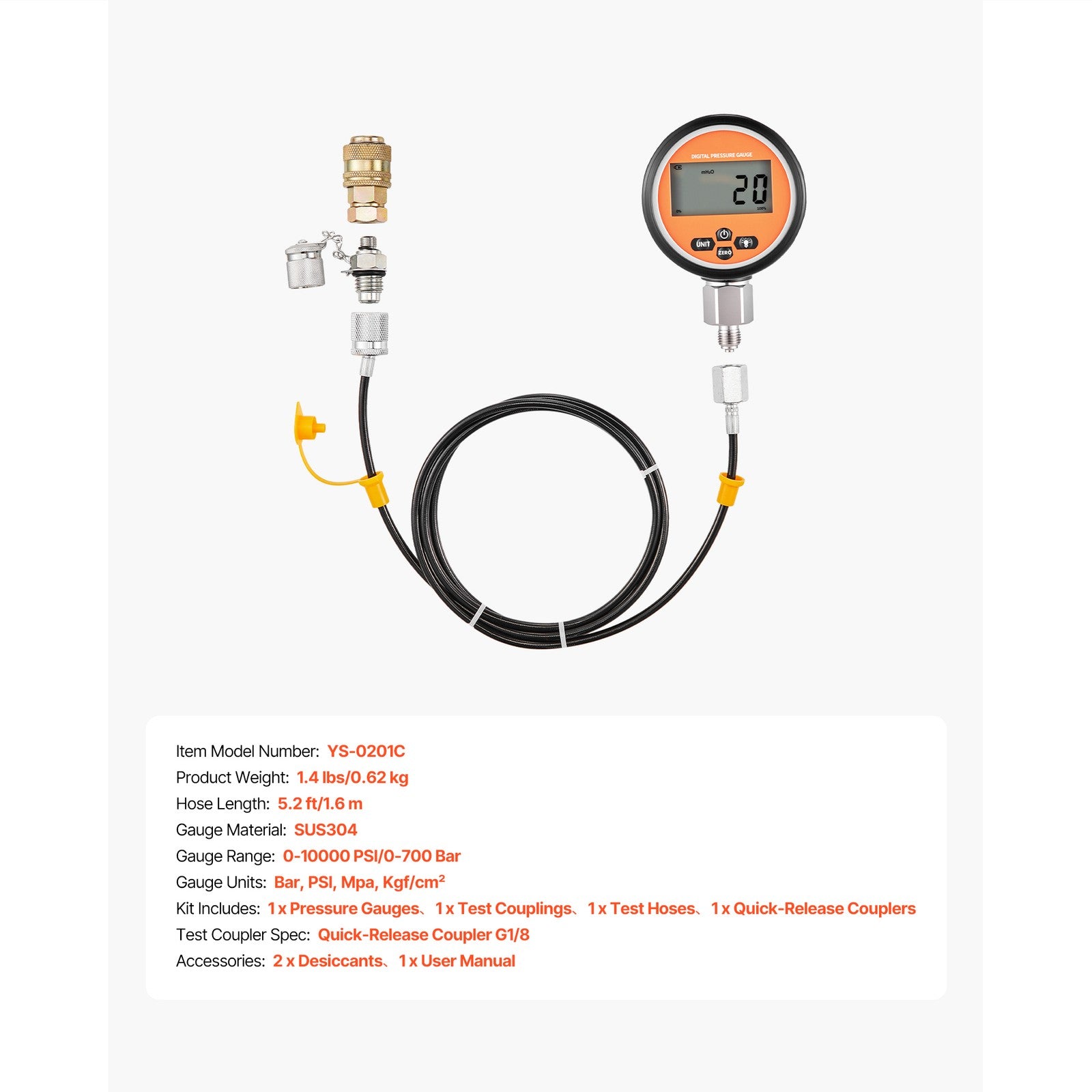 Uimoso Digital Hydraulic Pressure Test Kit with 700 Bar Gauge, Couplings, Hose