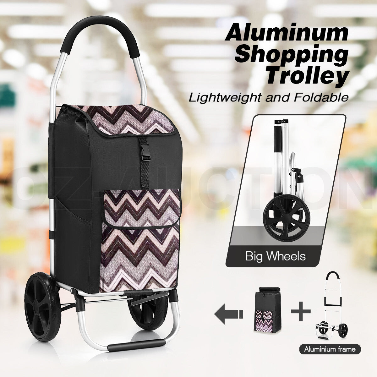 Foldable Aluminium Shopping Trolley – Grocery Cart with Wheels, Black