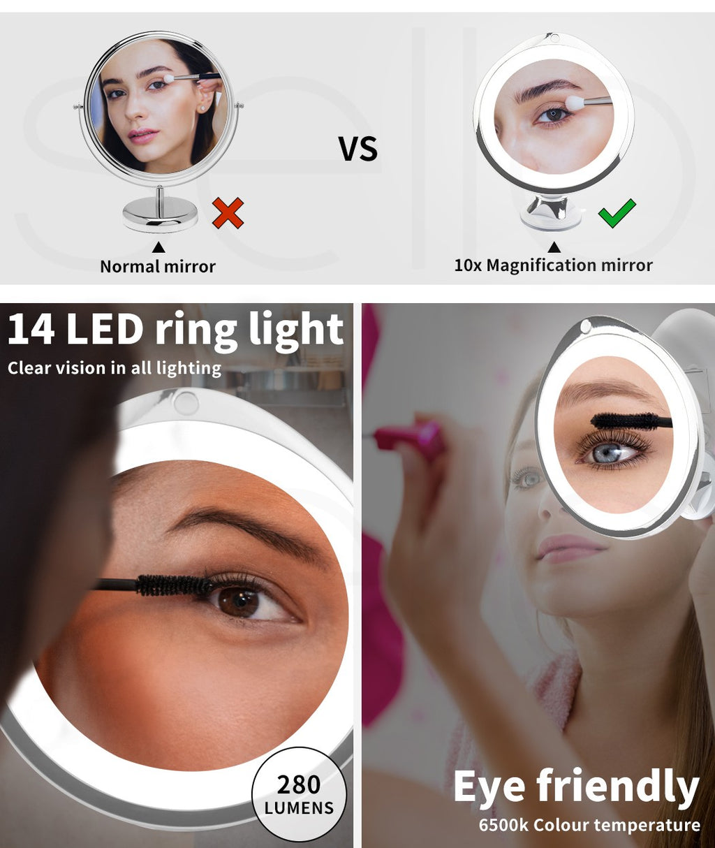10x Magnifying Makeup Mirror – LED Light, 360° Rotating Cosmetic Mirror