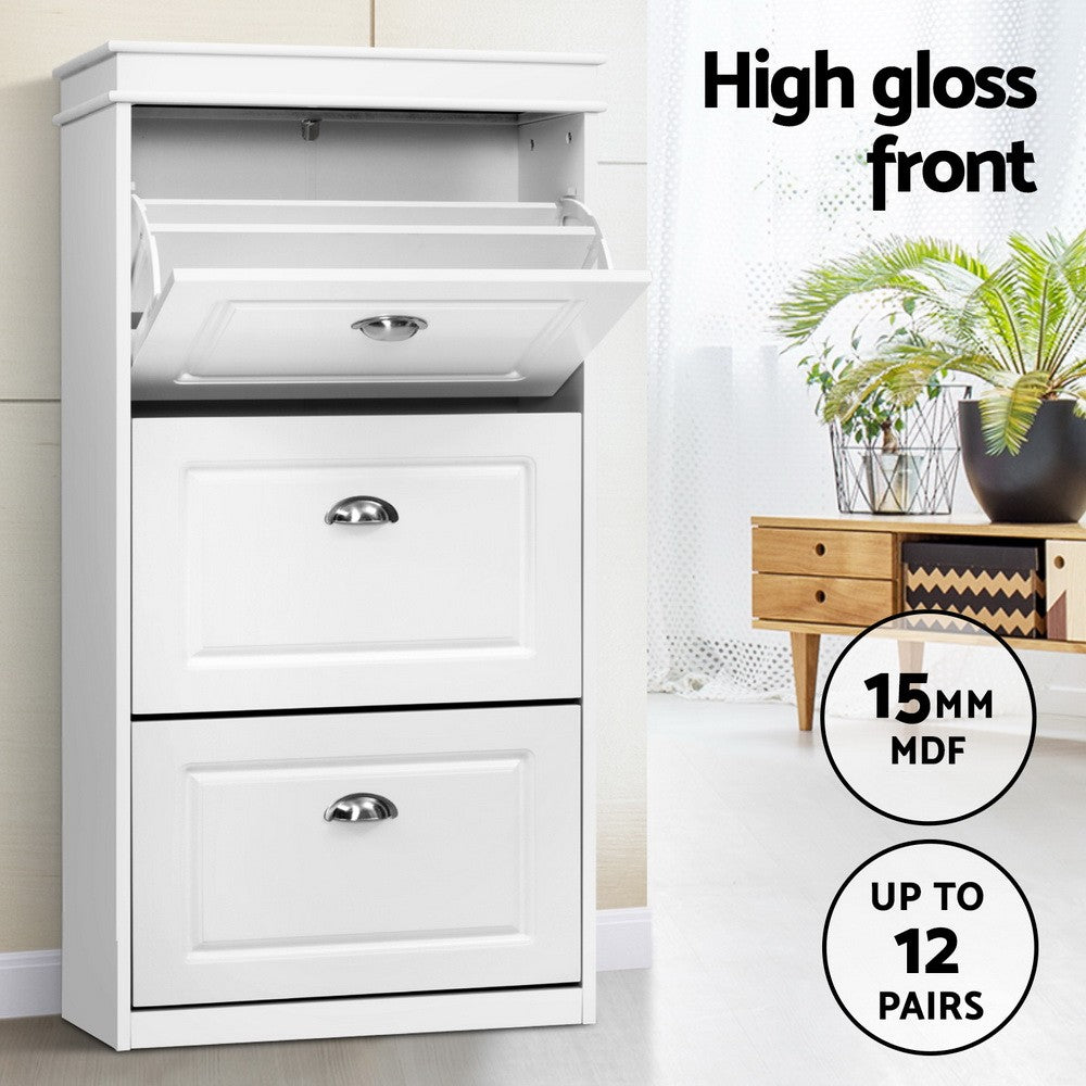 Shoe Rack Storage Cabinet 3/4 Flip Out Drawers White