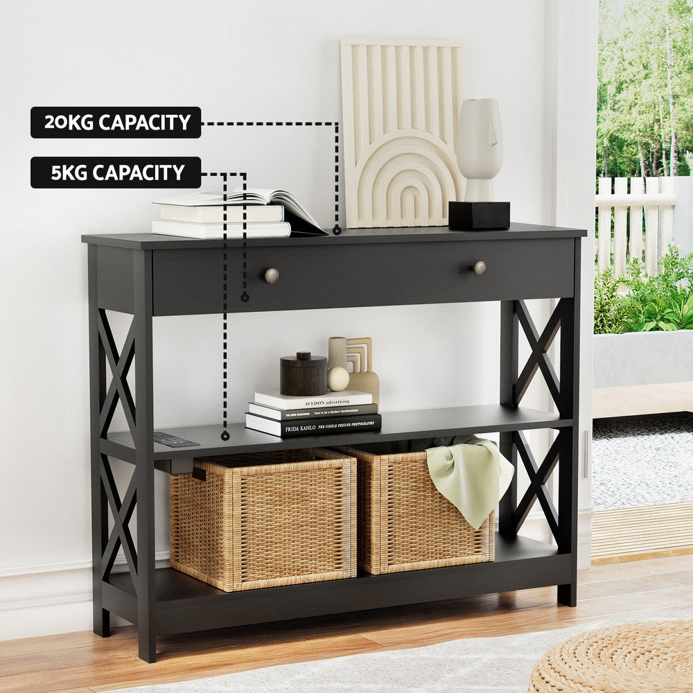 3 Tier Console Table Hallway Shelf Drawer USB Ports