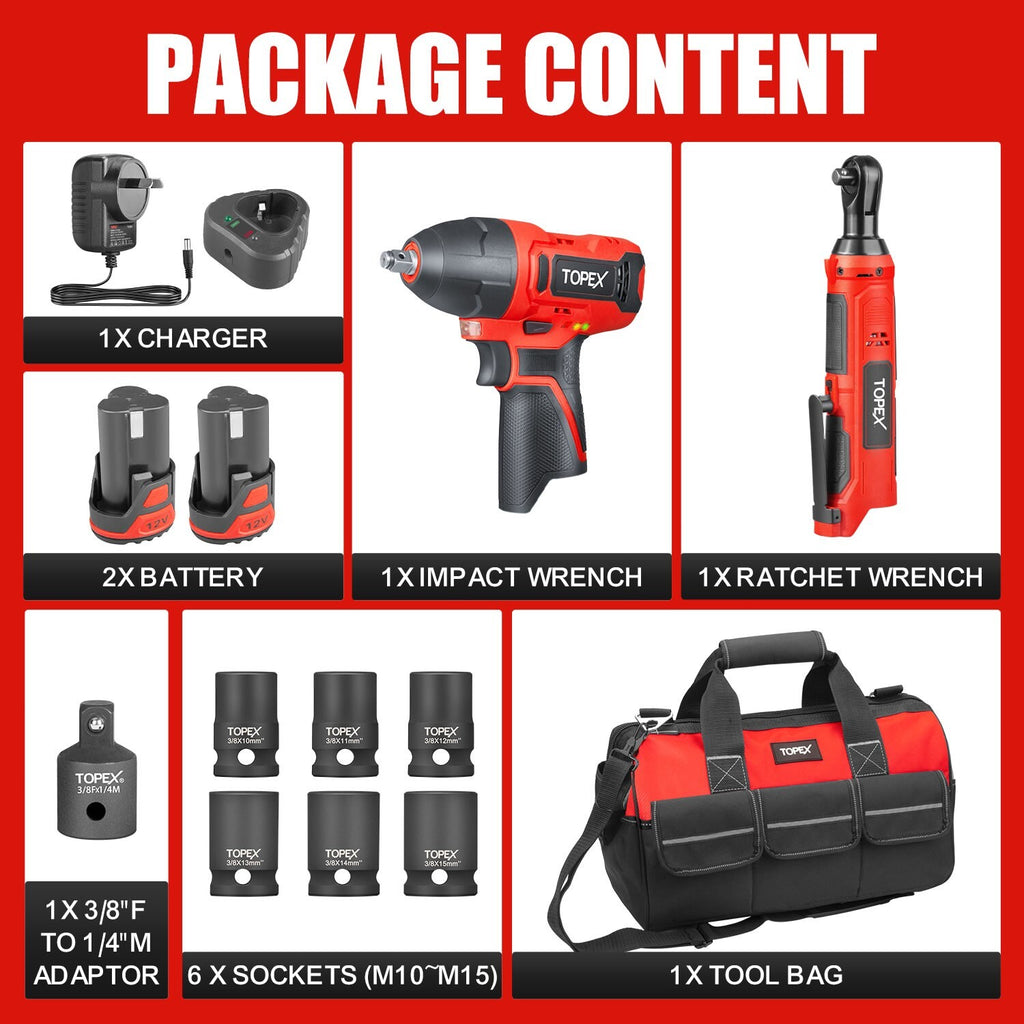 12V Cordless Power Tool Twin Kit – Impact & Ratchet Wrench with Bag