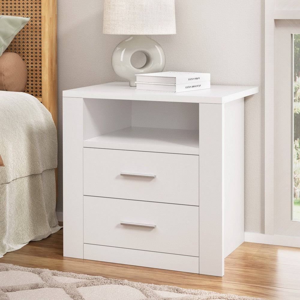 Bedside Table 2 Drawer Nightstand Shelf White
