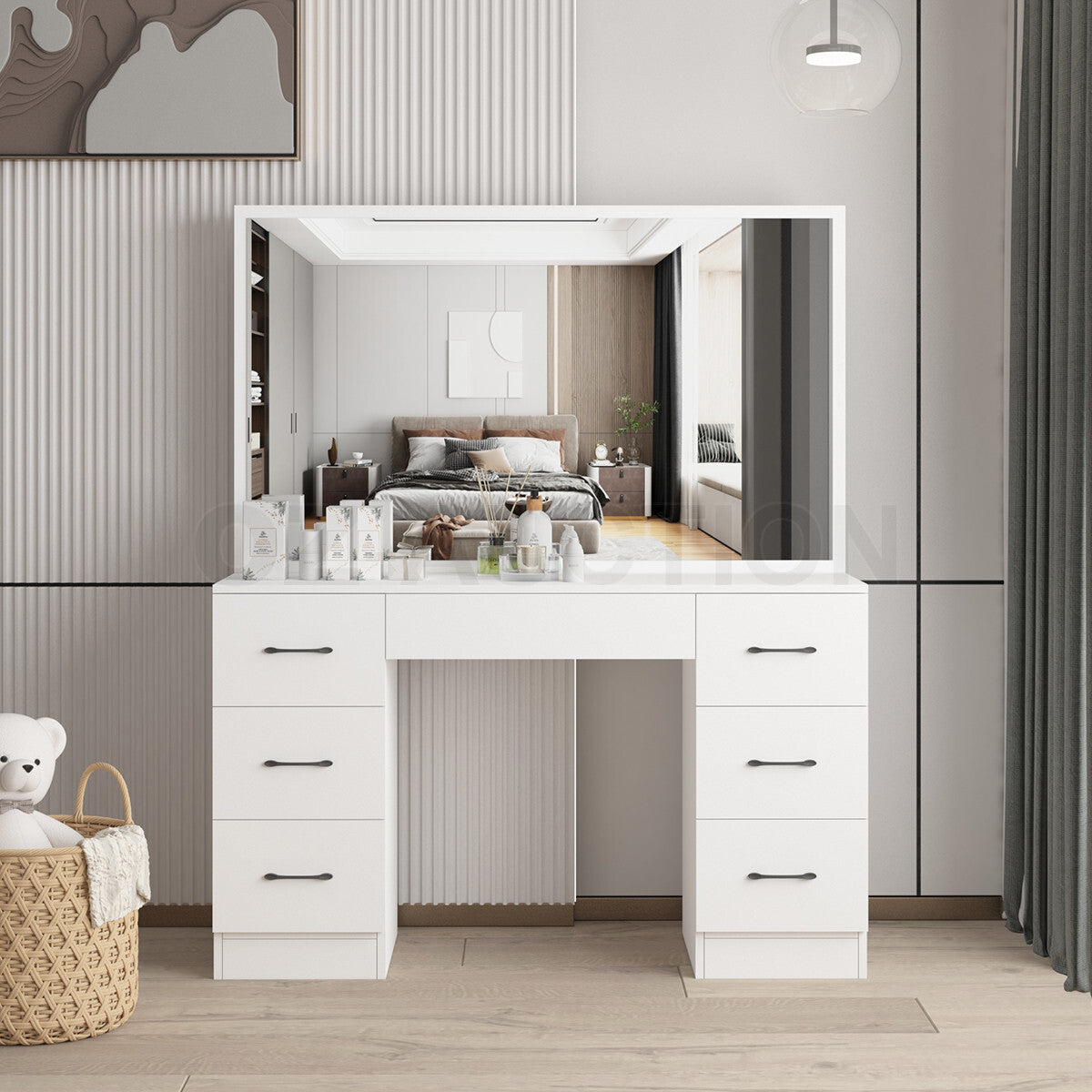 Large Dressing Table with Mirror – Modern Makeup Vanity, White